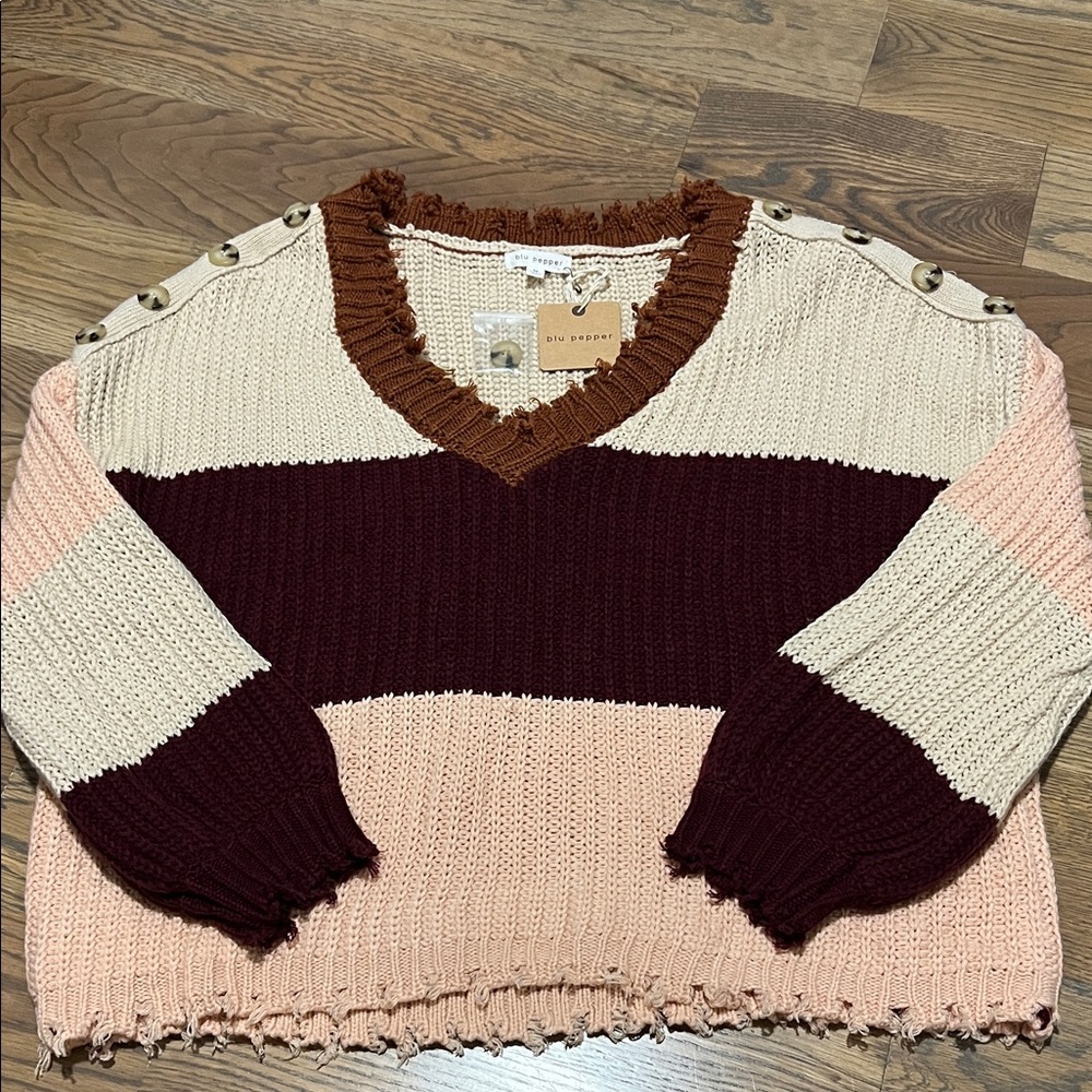 Blu Pepper V-Neck Sweater with Button Accents